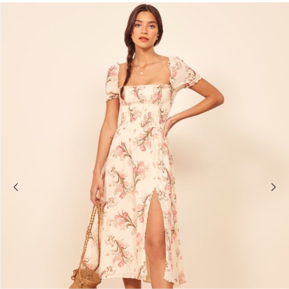 Reformation Inka floral print Cream Midi Sundress with Puff Sleeves